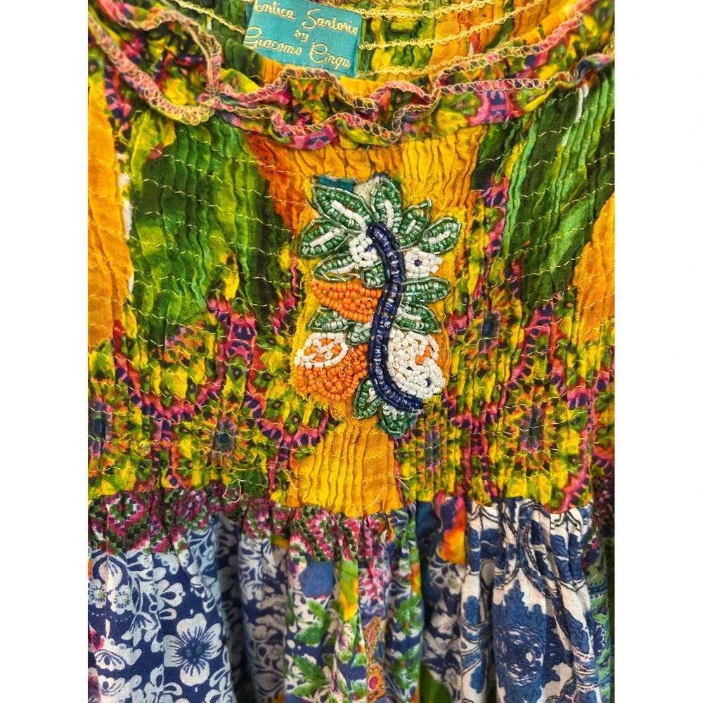Antica Sartoria Dress Yellow Patchwork Lemon Beaded Tassel Boho Summer Kids OS